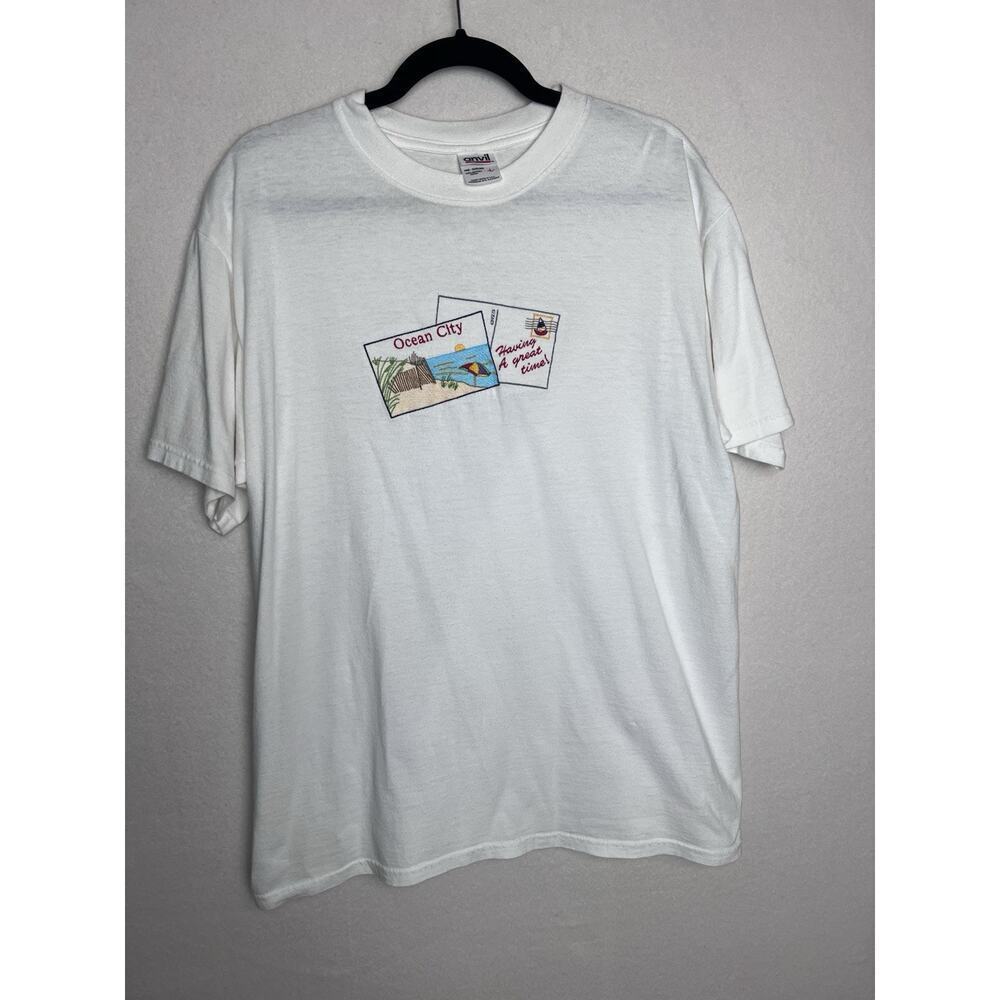 Vintage Anvil White T-Shirt Ocean City Postcard Shirt Sleeve Size Large